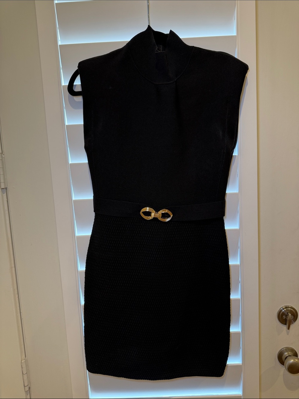 Rebecca Vallance Black Sleeveless Knit Mini with Gold Buckle
